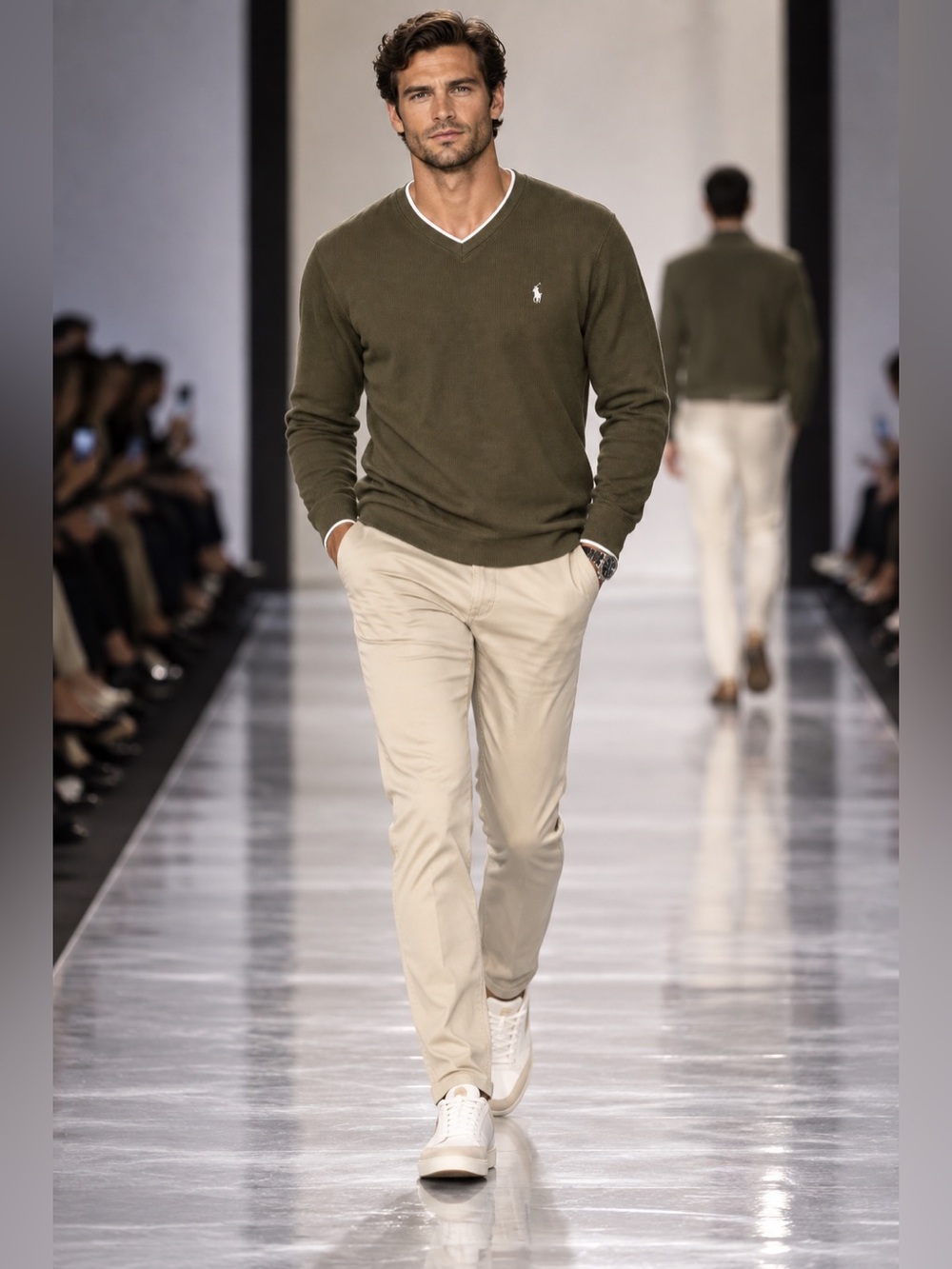 Polo Ralph Lauren Mens Olive Green Waffle Knit V Neck Sweater Medium